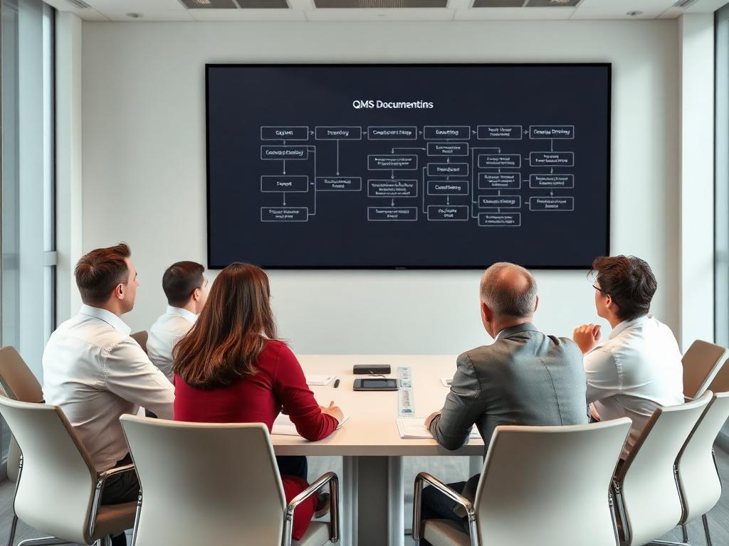 Corporate quality team reviewing QMS documentation in a boardroom