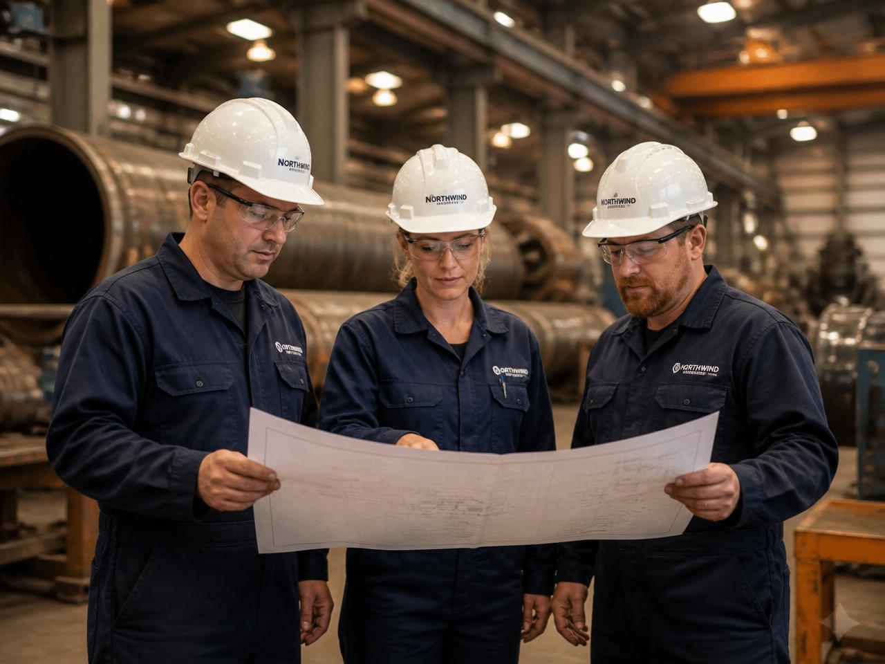 Two Jags Assurance inspectors reviewing a technical drawing at a fabrication yard