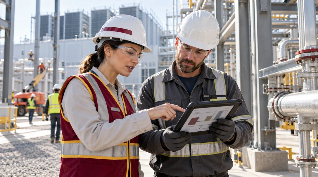 QA engineer and contractor reviewing an inspection and test plan on a project site