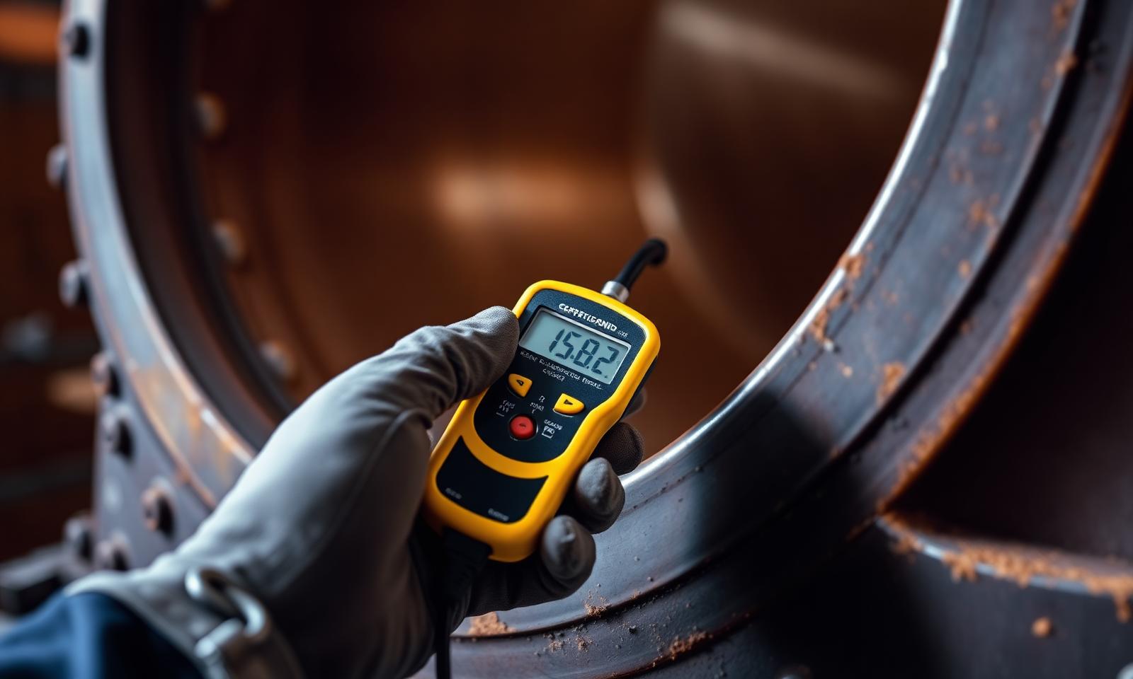 Certified inspector using an ultrasonic thickness gauge on an industrial pipe weld