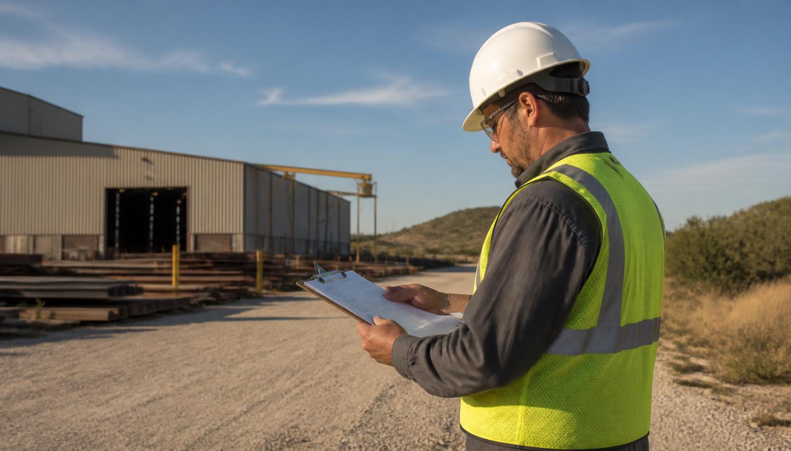Quality inspector reviewing an inspection report outside an industrial fabrication facility in the Dallas–Fort Worth area